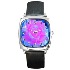 Beautiful Pastel Pink Rose With Blue Background Square Metal Watch by myrubiogarden