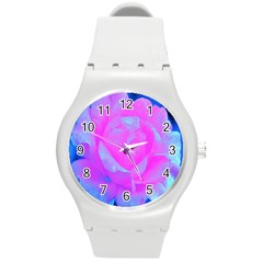 Beautiful Pastel Pink Rose With Blue Background Round Plastic Sport Watch (m)