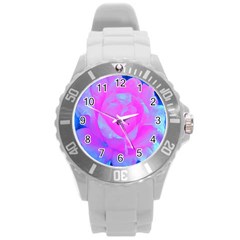 Beautiful Pastel Pink Rose With Blue Background Round Plastic Sport Watch (l) by myrubiogarden