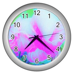 Abstract Pink Hibiscus Bloom With Flower Power Wall Clock (silver) by myrubiogarden