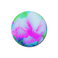 Abstract Pink Hibiscus Bloom With Flower Power Rubber Coaster (round)  by myrubiogarden