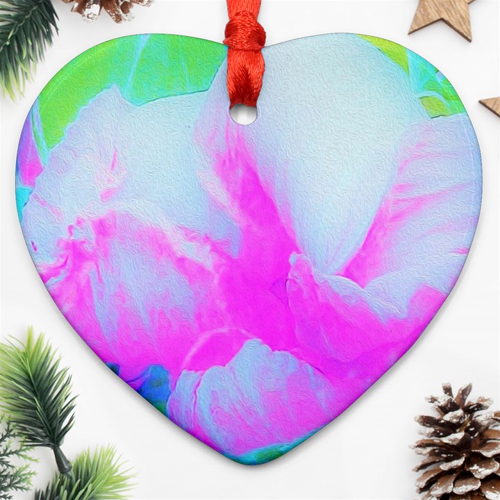 Abstract Pink Hibiscus Bloom With Flower Power Heart Ornament (Two Sides)