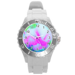 Abstract Pink Hibiscus Bloom With Flower Power Round Plastic Sport Watch (l) by myrubiogarden