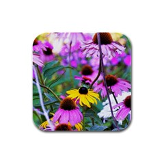 Yellow Flowers In The Purple Coneflower Garden Rubber Square Coaster (4 Pack)  by myrubiogarden