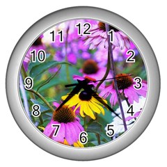 Yellow Flowers In The Purple Coneflower Garden Wall Clock (silver) by myrubiogarden