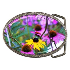 Yellow Flowers In The Purple Coneflower Garden Belt Buckles by myrubiogarden