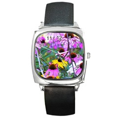 Yellow Flowers In The Purple Coneflower Garden Square Metal Watch by myrubiogarden