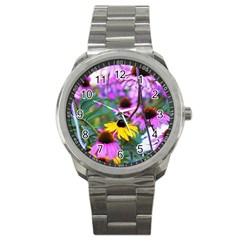 Yellow Flowers In The Purple Coneflower Garden Sport Metal Watch by myrubiogarden