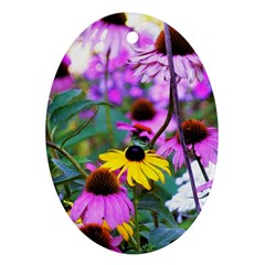 Yellow Flowers In The Purple Coneflower Garden Oval Ornament (two Sides) by myrubiogarden