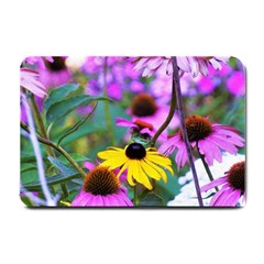 Yellow Flowers In The Purple Coneflower Garden Small Doormat  by myrubiogarden