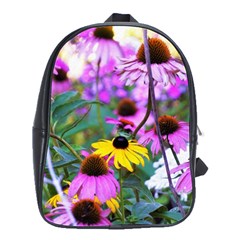 Yellow Flowers In The Purple Coneflower Garden School Bag (large) by myrubiogarden