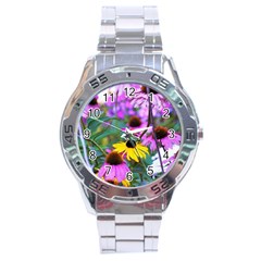 Yellow Flowers In The Purple Coneflower Garden Stainless Steel Analogue Watch by myrubiogarden