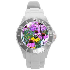 Yellow Flowers In The Purple Coneflower Garden Round Plastic Sport Watch (l) by myrubiogarden