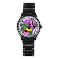 Yellow Flowers In The Purple Coneflower Garden Stainless Steel Round Watch by myrubiogarden