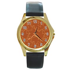 Autumn Leaves Repeat Pattern Round Gold Metal Watch by Pakrebo