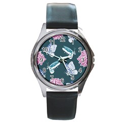 Butterfly Pattern Dead Death Rose Round Metal Watch by Pakrebo