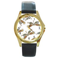 Pattern Dragonfly Background Round Gold Metal Watch by Pakrebo