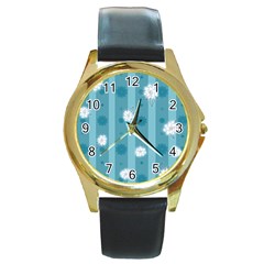 Gardenia Flowers White Blue Round Gold Metal Watch