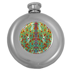 Raining Paradise Flowers In The Moon Light Night Round Hip Flask (5 Oz) by pepitasart