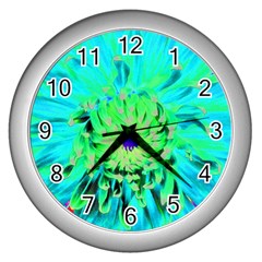 Aqua Cactus Dahlia Wall Clock (silver) by myrubiogarden