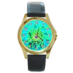 Aqua Cactus Dahlia Round Gold Metal Watch