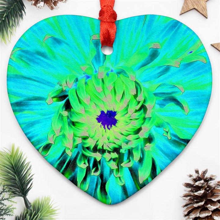 Aqua Cactus Dahlia Heart Ornament (Two Sides)