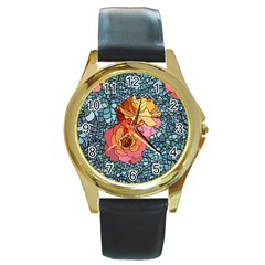 Pattern Rose Yellow Background Round Gold Metal Watch by Pakrebo