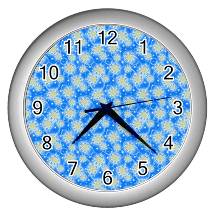 Hydrangea Blue Glitter Round Wall Clock (Silver)