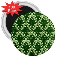 White Flowers Green Damask 3  Magnets (100 Pack) by Pakrebo