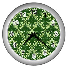 White Flowers Green Damask Wall Clock (silver) by Pakrebo