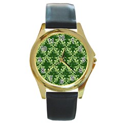 White Flowers Green Damask Round Gold Metal Watch by Pakrebo