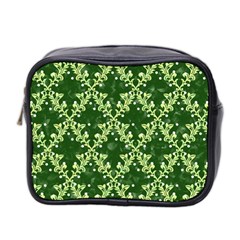 White Flowers Green Damask Mini Toiletries Bag (two Sides) by Pakrebo