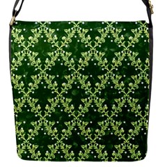 White Flowers Green Damask Flap Closure Messenger Bag (s) by Pakrebo