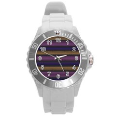 Stripes Pink Yellow Purple Grey Round Plastic Sport Watch (l) by BrightVibesDesign