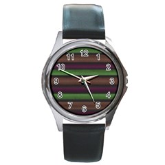 Stripes Green Brown Pink Grey Round Metal Watch by BrightVibesDesign