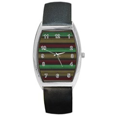 Stripes Green Red Yellow Grey Barrel Style Metal Watch by BrightVibesDesign