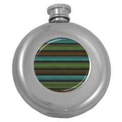 Stripes Teal Yellow Brown Grey Round Hip Flask (5 Oz) by BrightVibesDesign