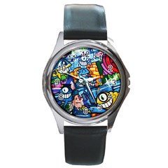 Graffiti Urban colorful graffiti cartoon fish Round Metal Watch