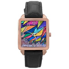 Urban Colorful Graffiti Brick Wall Industrial Scale Abstract Pattern Rose Gold Leather Watch  by genx