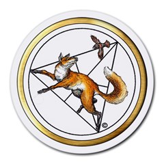 Larenard Flower Of Life Fox & Sparrow Emblem On White - By Larenard Round Mousepads by LaRenard