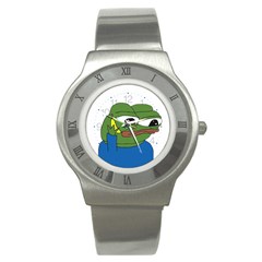 Apu Apustaja With Banana Phone Wall Eyed Pepe The Frog Kekistan Stainless Steel Watch by snek