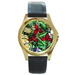 Stained Glass Art Window Church Round Gold Metal Watch Front