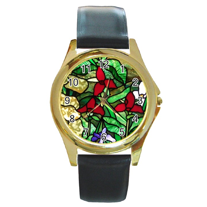 Stained Glass Art Window Church Round Gold Metal Watch