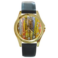 Stained Glass Window Colorful Round Gold Metal Watch by Pakrebo