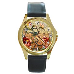 Flower Cubism Mosaic Vintage Round Gold Metal Watch by Pakrebo