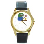 Apu Apustaja roasting a snail on a campfire Pepe the frog PepeTheFrog The Helper Kekistan Round Gold Metal Watch Front