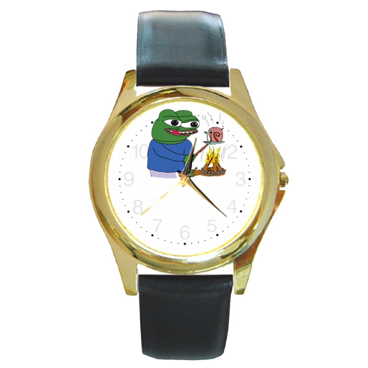 Apu Apustaja roasting a snail on a campfire Pepe the frog PepeTheFrog The Helper Kekistan Round Gold Metal Watch