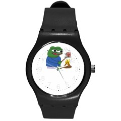 Apu Apustaja Roasting A Snail On A Campfire Pepe The Frog Round Plastic Sport Watch (m) by snek