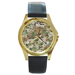 Wood Camouflage Military Army Green Khaki Pattern Round Gold Metal Watch by snek