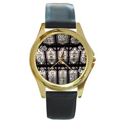 Stained Glass Window Repeat Round Gold Metal Watch by Pakrebo